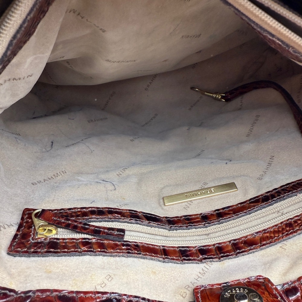 Brahmin Croc Embossed Leather Tote Bucket Bag Brown Chestnut Gold Hardware - Picture 8 of 11